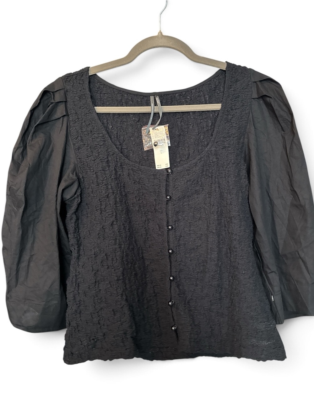 Anthropologie Black Textured Puff Sleeve Button Top Size L NWT